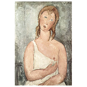 red haired young woman in chemise or woman with hand on  bust by amedeo modigliani