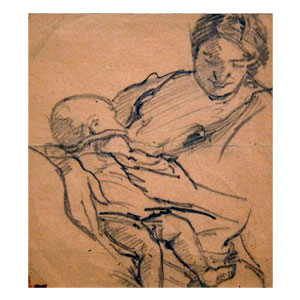 woman feeding a baby - 1900 - pencil on paper