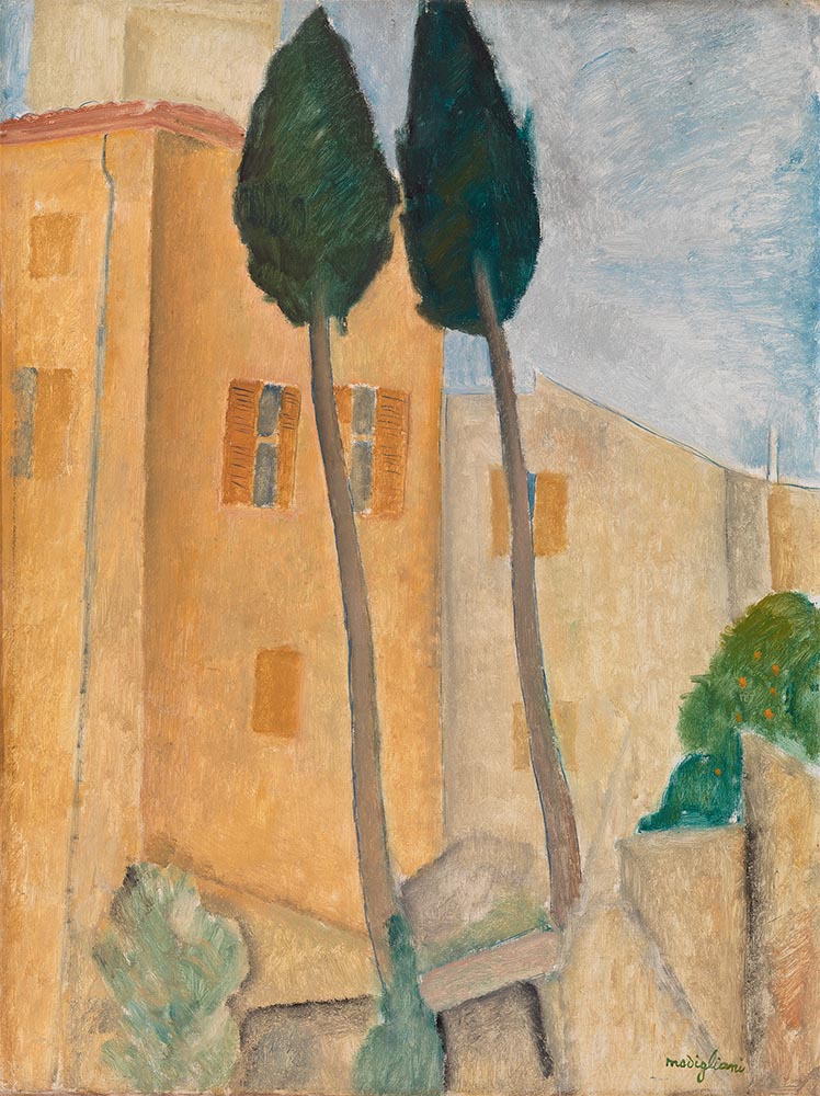 cypresses and houses at cagnes  by Amedeo Modigliani