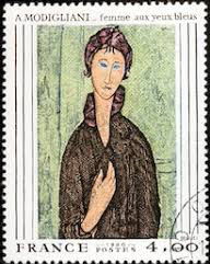 stamp of woman with blue eyes, fake modigliani