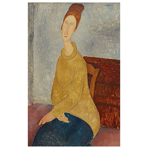 jeanne hebuterne seated with yellow sweater by amedeo modigliani