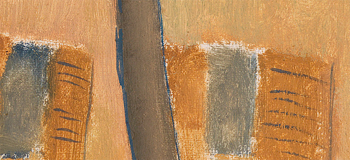 In this painting is very interesting to see the use of the line made in a grey blue color that vivdly contrast to the yellow/orange walls